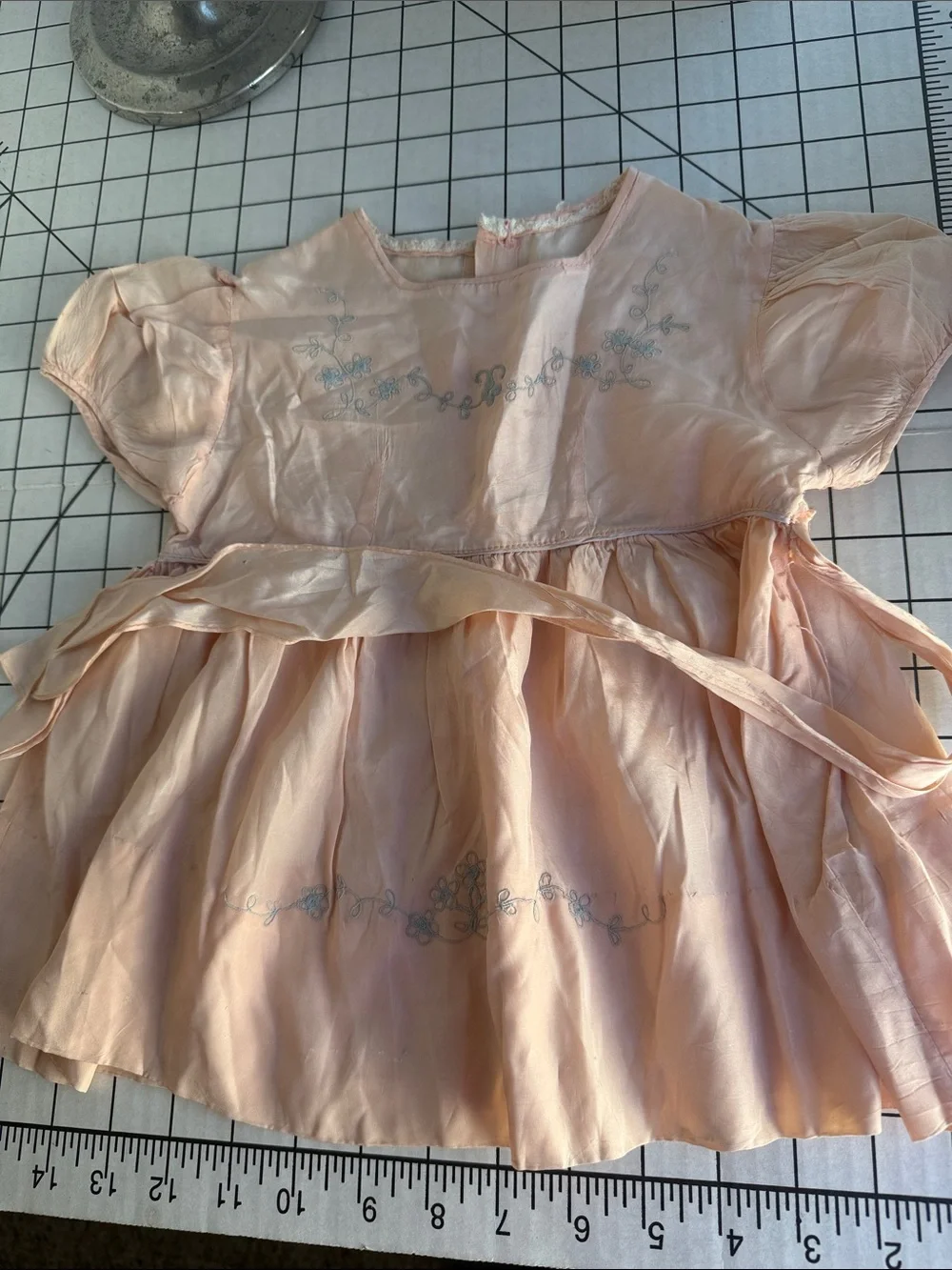 Antique 1920s Silk Child Dress Cutter Textile Peach Blue Embroidery Craft Doll F